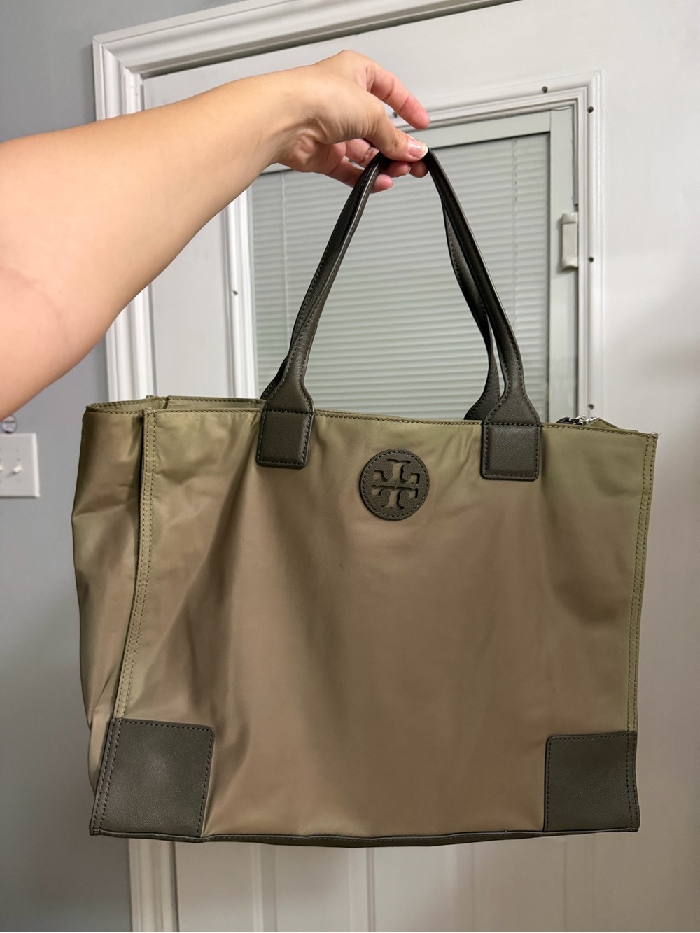 Tory Burch Olive Green Nylon Tote with Dark Green Leather Trim